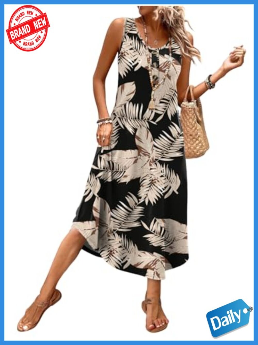 Sleeveless Midi Sundress with Pockets Summer Casual Beach Vacation Dress